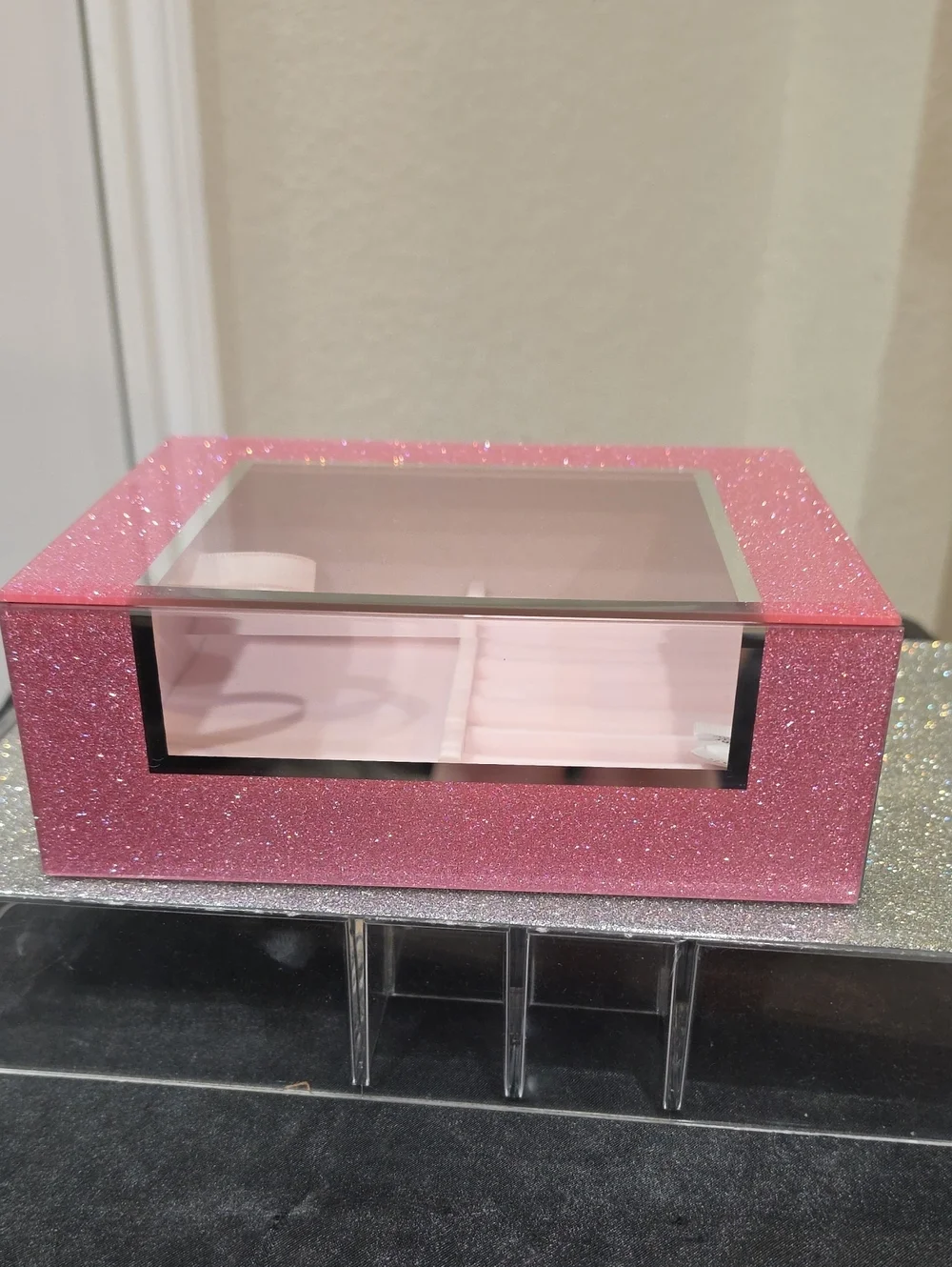 At Home Pink Glitter Mirrored Decorative Jewelry Organizer Box